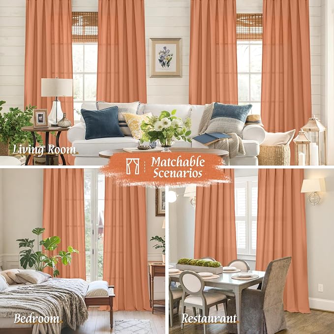 LAMIT Terracotta Linen Curtains 72 inches Long for Living Room, Soft Thick Semi Sheer Light Filtering Rod Pocket Window Treatments Fall Decor Drapes for Bedroom, 2 Panels Set, 52 x 72 Inch
