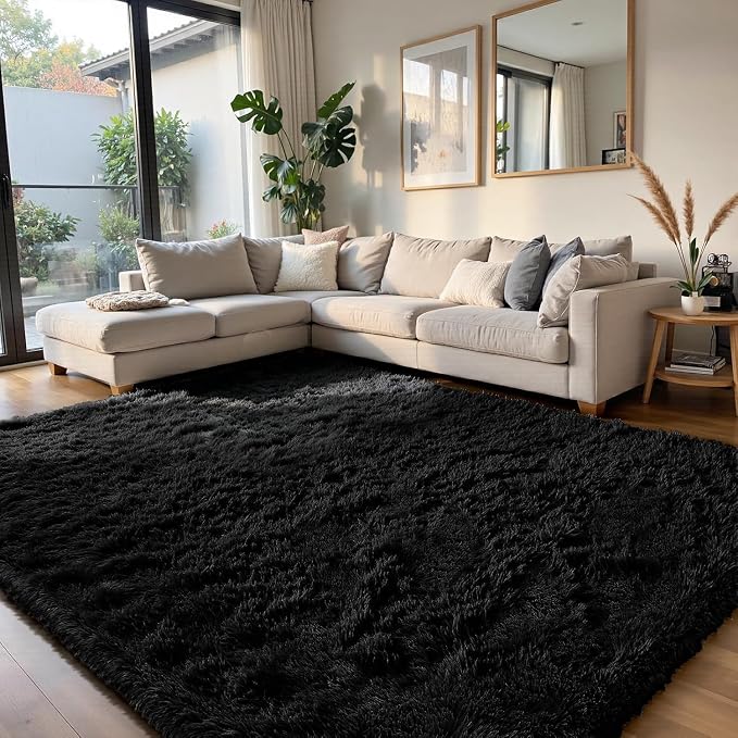 yongyangjuxin Fluffy Rug Shag Area Rug, Black 8x10 Area Rugs for Living Room, Large Shag Area Rugs for Bedroom Room Home Decor, Upgrade Anti-Skid Rectangular Fuzzy Rugs