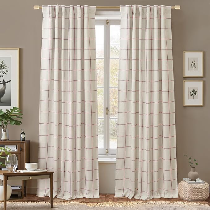 DriftAway 100% Blackout Plaid Linen Curtains 90 Inches Long 2 Panels Red | 100% Blackout, Linen Texture, Plaid Pattern, Two Layers, Rod Pocket & Back Tab, Bedroom Living Room Use, Luxury Appearance