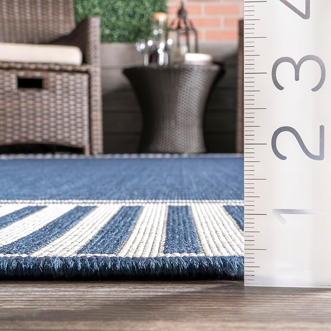 Nuloom Asha Navy/Ivory, 2' x 6', Casual, Striped Border, Soft and Cozy, High Traffic, Easy Clean, Durable Runner for Indoor/Outdoor Patio, Deck, Porch, Garden, Courtyard