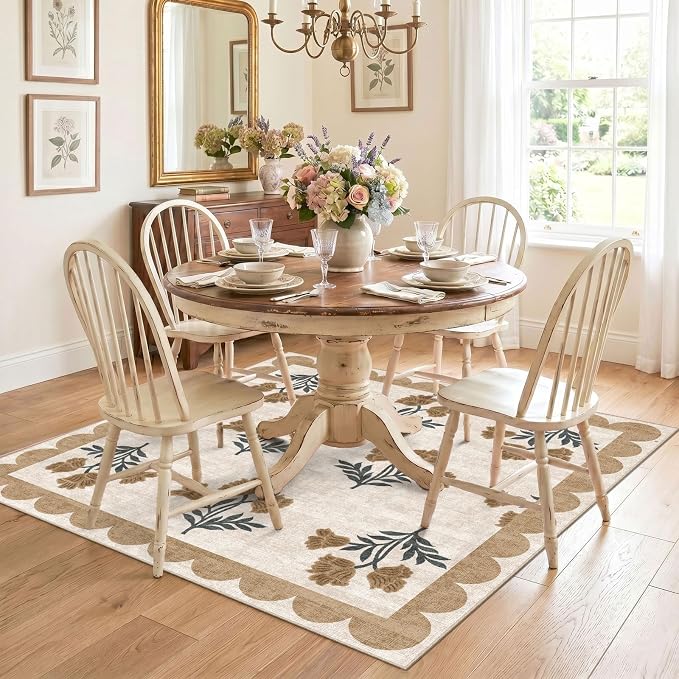 Beige Square Rug 4ft - Soft Washable Boho Farmhouse Square Entryway Rug Non Slip 4x4 Stain Resistant Cottage Floral Scalloped Throw Rugs for Living Room Bedroom Dining Room Bathroom Nursery