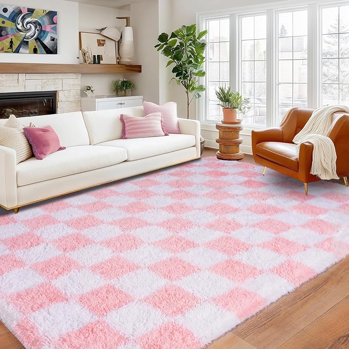 Pionblank Checkered Rug for Living Room, Modern Soft Shag 6x9 Area Rugs, Plush Fuzzy Carpet for Bedroom Girls Boys Room Home Nursery Teens Dorm Decor, Pink and White