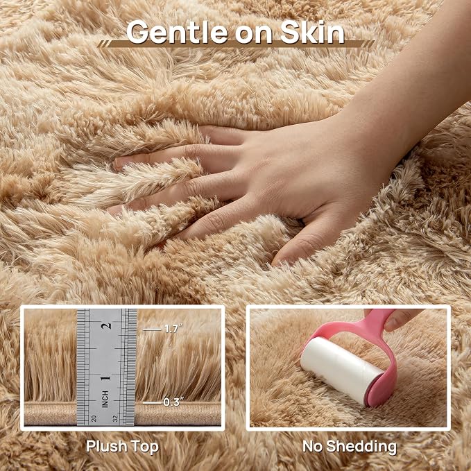 Deerhoo Large Shag Area Rugs 5 x 8, Tie-Dyed Plush Fuzzy Rugs for Living Room, Ultra Soft Fluffy Furry Rug for Bedroom, Indoor Carpet Nursery Rugs for Kids Room Home Decor, Beige