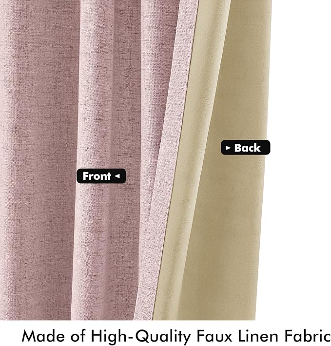 MIULEE 100% Blackout Linen Curtains for Bedroom 42 x 72 Inch Pink 2 Panels | Thermal Insulated, Room Darkening Drapes for Living Room, Back Tab Rod Pocket Pinch Pleated, Solid Luxury Decor