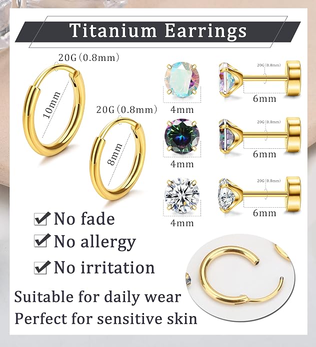 MJust Titanium Earrings for Sensitive Ears 20G Hypoallergenic Stud Hoop Earrings for Women Men Opal Ball CZ Heart Pearl Flat Back Earrings Cartilage Earrings Set