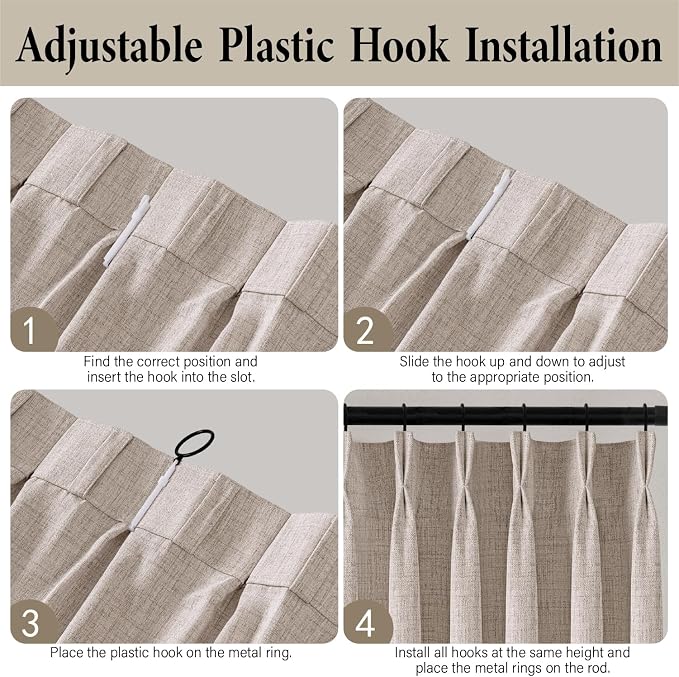 MIULEE Pinch Pleated Thick Linen Curtains 102 Inch 4 Panels Set Back Tab Memory Trained Pinch Pleat Semi Sheer Light Filtering Privacy Curtain Let Light in Window Drape for Living Room Bedroom Natural