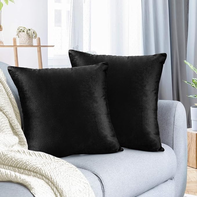 Nestl Throw Pillow Covers, Cozy Velvet Decorative Outdoor Pillow Covers 16 x 16 Inches, Soft Solid Cushion Covers for Sofa, Bed and Car, Set of 2 - Black