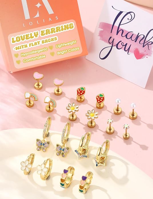 LOLIAS Hypoallergenic Earrings for Girls Flat Back-Stainless Surgical Steel Earrings for Sensitive Ears Women Cute Hoops Flatback Studs Screw Back Toddler Kids Teen Girls Earrings Jewelry