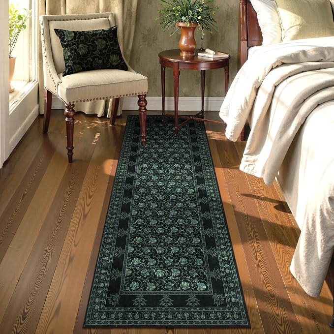 Lahome Black Kitchen Runner Rug 2x6, Low Plie Rug Runners for Hallways Non Slip, Vintage Floral Washable Runner for Entryway Laundry Room Bathroom (2'x6', Black/Green)