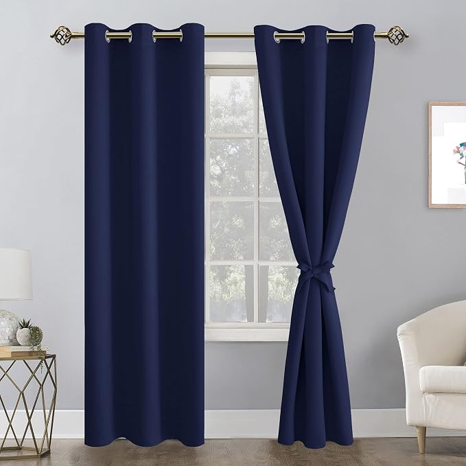 Hiasan Blackout Curtains for Bedroom, 42 x 84 Inches Long - Thermal Insulated & Light Blocking Window Curtains for Living Room, 2 Drape Panels Sewn with Tiebacks, Navy Blue