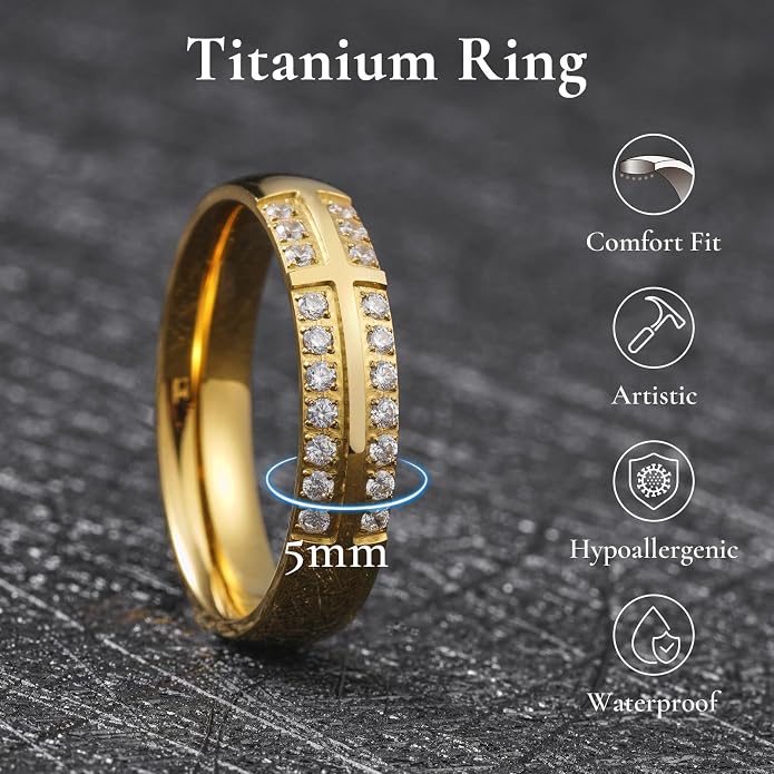 King Will Men's Titanium Wedding Band - 8mm Polished Band with Step Edges and Cross Design Featuring White Zirconia Insets Comfort Fit Size 7-14