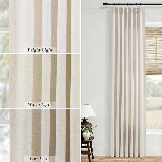 Mousse White Pinch Pleated Linen Curtains 96 Inches Long for Living Room Bedroom Light Filtering Boho Farmhouse Drape 96 inch 2 Panels with Hooks Rings 8ft Sliding Glass Door Semi Sheer Window Curtain