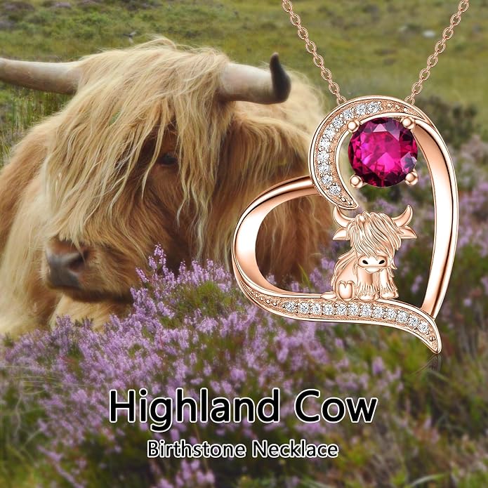 Highland Cow Gifts for Women 925 Sterling Silver Highland Cow Birthstone Necklace Fluffy Cow Jewelry Gifts Birthday Christmas