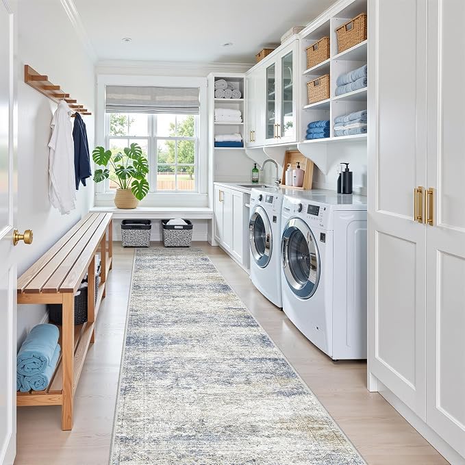 2x10 Runner Rug Non Slip,Washable Hallway Runner Rug,Blue | Long Neutral Rugs for Kitchen,Entryway,Bedroom,Bathroom,Laundry Room,Thin,Soft Runner Rug,Stain Resistant Indoor Carpet