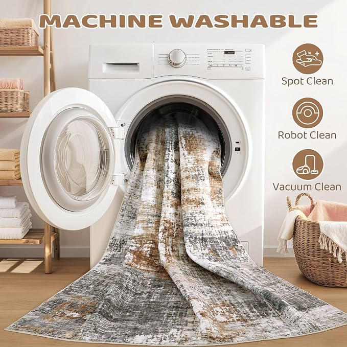 DMOYEST Square Area Rug Living Room Rugs - 8x8 Washable Large Soft Indoor Neutral Modern Abstract Low Pile Rug Carpet for Bedroom Dining Room Farmhouse Home Office - Grey Brown