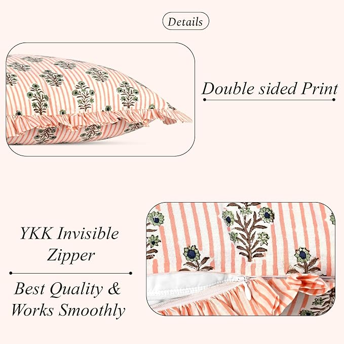 Ridhi Salmon Blossom Stripe Modern Farmhouse Pillow 16x16 Covers Block Print Cotton Throw Pillow Cover Set of 2 Cushion Covers with Ruffle for Couch Sofa Bed Living Room Decor Spring Easter