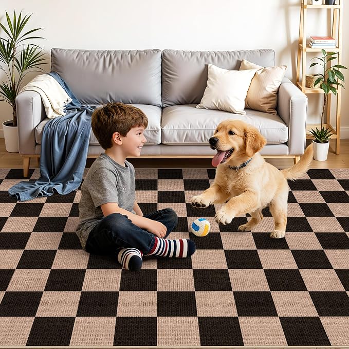 2x8 Checkered Runner Rug Hallway: Washable Faux Jute Indoor Farmhouse Style | Non Slip Backing Narrow Floor Carpet Entryway Kitchen Living Room Bedroom Durable Thin Textured Accent Home Decor (Black,2x8)