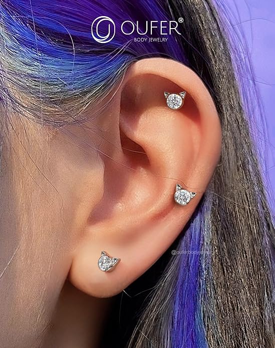 OUFER Cute Kitten Helix Piercing, Silver 16G Helix Earrings Flat Back Internally Threaded Helix Cartilage Piercing Jewelry for Women Men-8MM-6MM