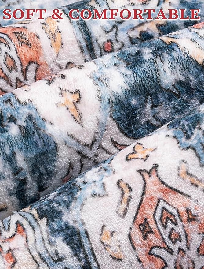 SERISSA Runner Rug for Hallways, 3x8 Washable Non Slip Kitchen Runner Rug, Long Boho Rug Vintage Blue Orange Hallway Stair Ultra Soft Print Floor Carpet for Bedroom Bathroom Laundry Room