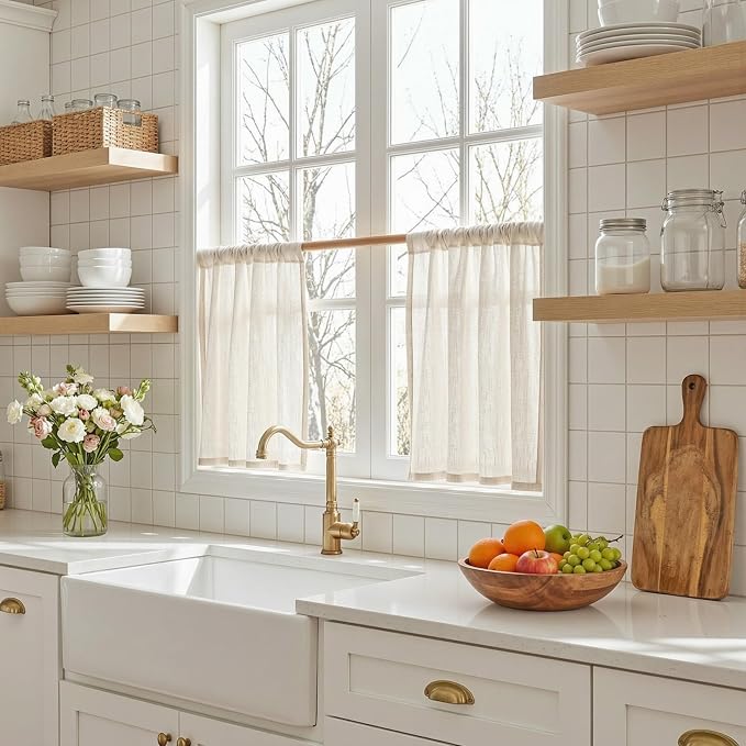 MYSKY HOME Semi Sheer Natural Linen Curtains 36 Inch Length 2 Panels, Light Filtering Cream Tiers Curtains Rod Pocket Neutral Window Drapes for Bathroom/Kitchen/Basement, Linen, 34 x 36 Inch