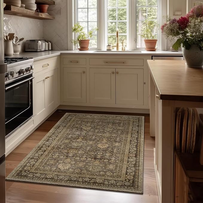 Washable 3x5 Entryway Rug, Boho Vintage Non-Slip Door Mat, Deep Brown | 0.3" Neutral Throw Small Rugs for Bedroom Kitchen Nursery Entrance, Cushioned for High-traffic Area
