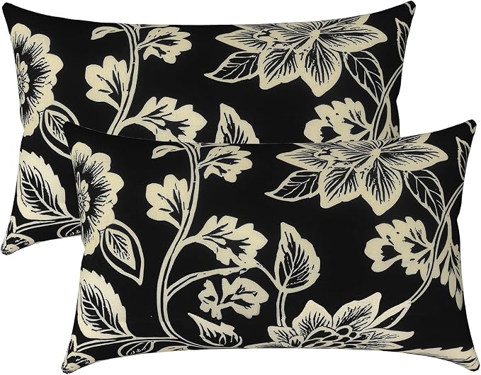 LVTLVTXIII 12×20 Inch Outdoor Lumbar Pillows, Pack of 2 Water Repellent Lumbar Pillow with Inserts, Fluffy Decorative Garden Lumbar Cushions for Home Patio Coach Sofa Use, Elegant Vines Black