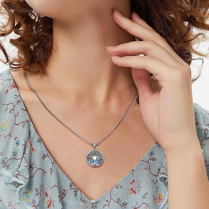 Tree of Life Necklace for Women – Sterling Silver Nature-Inspired Dainty Round Pendant, Green Abalone Shell Inlaid - Spiritual Jewelry Gift