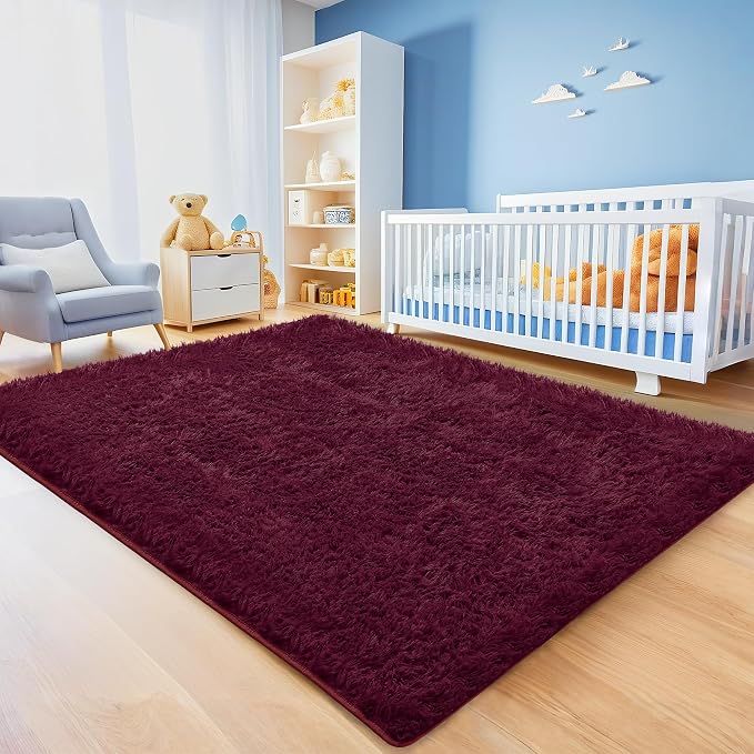 8x10 Burgundy Fluffy Shag Area Rugs for Living Room Bedroom Girls | Ultra Soft Comfy, Large Fuzzy Shaggy Plush Carpet for Nursery Kids Dorm, Modern Indoor Home Decor, Upgrade Non-Slip