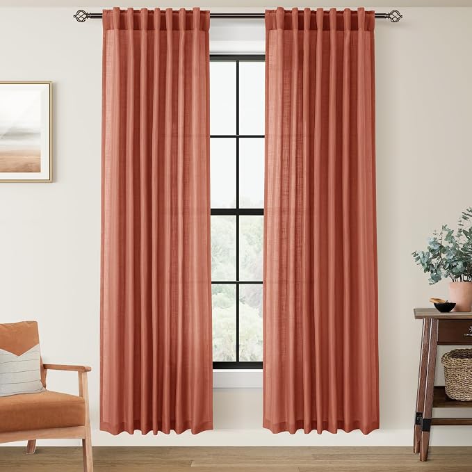 80 inch Linen Terracotta Curtains 2 Panels for Living Room Back Tab Light Filtering Semi Sheer Rust Colored 80 inches Long Soft Thick Cotton Cloth Textured Rustic Boho Farmhouse Room Decor