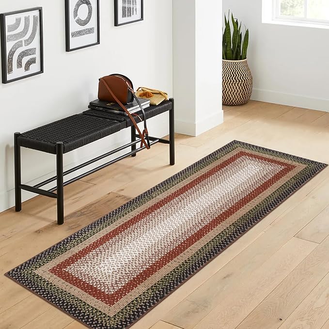 RUGSREAL Hallway Runner Rug 2x6 Braided Machine Washable Kitchen Rug Farmhouse Runner Carpet Non Slip Stain Resistant Rustic Carpet Modern Printed Area Rug for Living Room Bedroom, Crimson/Earthy