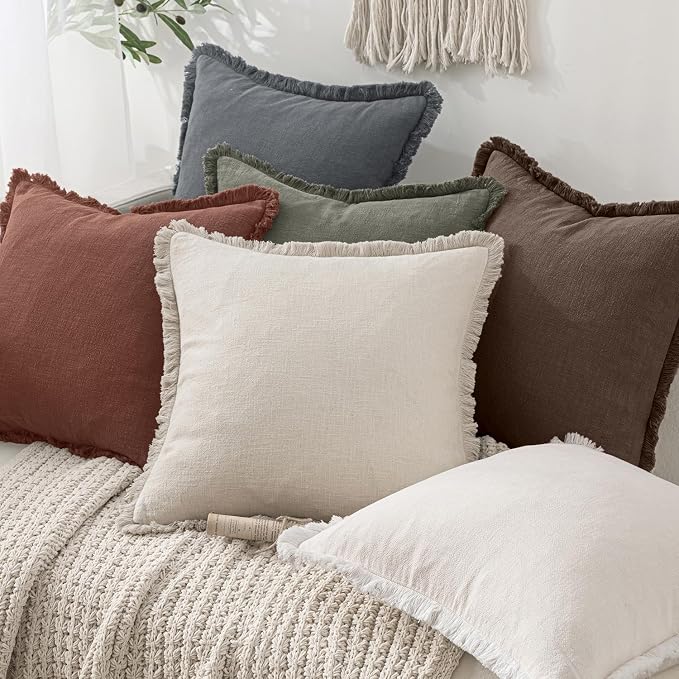 MIULEE Decorative Throw Pillow Covers Neutral Linen Fringe Throw Pillows Set of 2 Grey Boho Farmhouse Cushion Covers with Tassels for Couch Sofa Bed Living Room Spring Decor 18x18 Inch