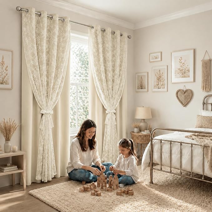 Yinhua Beige Blackout Curtains Double Layer Curtains for Bedroom 84 Inch Length Nursery Curtain for Living Room, Grommet Drapes with Tiebacks, 2 Panels, 52" W x 84" L