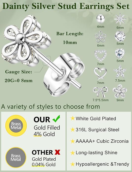 LOYALLOOK Stud Earrings for Women Hypoallergenic, 14K Gold Plated Surgical Steel Earrings for Sensitive Ears Women Dainty Small Heart Flower Bow Earrings for Jewelry Gift