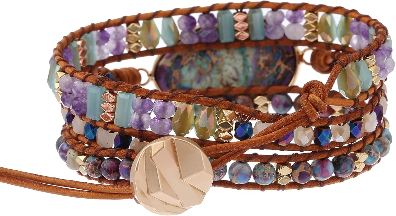 Plumiss Women Boho Handmade Natural Stone Crystal Leather Bead Wrap Bracelets Collection