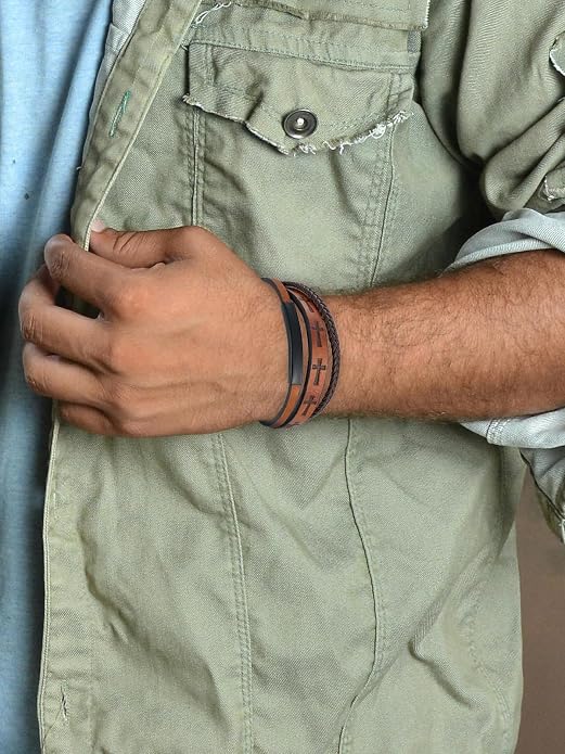 Mens Leather Cross Bracelet Multilayer Braided Wristband Bangle Bracelets with Stainless Steel Buckle Religious Gift for Men Brown/Black/Blue–8.3 inch