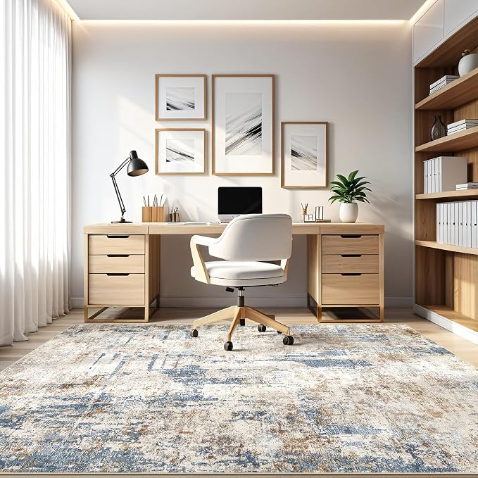 10x12 Area Rug Living Room: Washable Large Abstract Modern Soft Rugs Stain Resistant Indoor Floor Non Slip Accent Carpet for Bedroom Nursery Playroom Office Dining Room Dorm Home House- Tan Blue