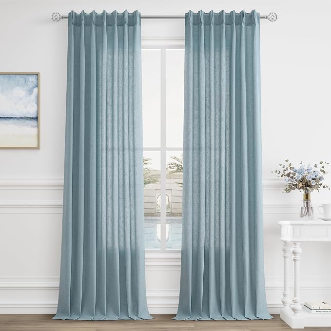Blue Pleated Linen Curtains 96 Inches Long for Living Room 2 Panels Semi Sheer Light Filtering Pinch Pleat with Hooks Back Tab Drapes Modern Boho 96 Inch Curtain for Bedroom Window Dusty Stone Blue