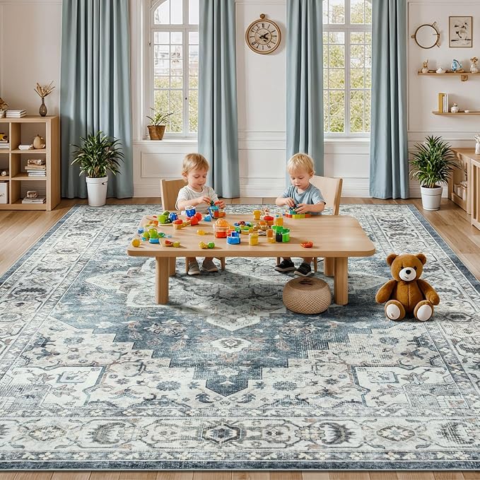 Lessymo Vintage Medallion Rug for Living Room 5x7, Machine Washable Area Rugs for Bedroom Dining Room Under Table, Soft Low Pile Carpet with Non Slip Backing, Blue Grey/Beige