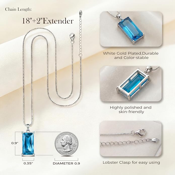 8mm x 16mm Square Birthstone Pendant Necklace – Fashion charming Sterling Silver Gift for women