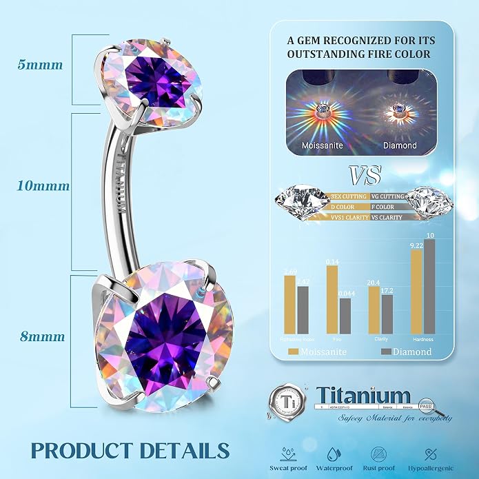 GEMQUEEN Moissanite ＆ G23 TItanium Belly Button Ring 18K Gold Plated Hypoallergenic Internally Threaded Belly Rings 14G Navel Piercing Jewelry For Women Men D Color VVS1 Clarity Brilliant Cut