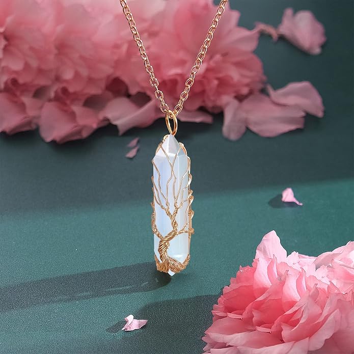 VIBILIA Healing Crystal Necklace Tree of Life Wire Wrapped Natural Stone Point Pendant Necklace Hexagonal Reiki Spiritual Quartz Gemstone Jewelry for Women Men