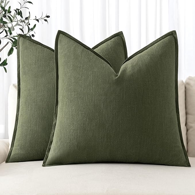 MIULEE Decorative Linen Pillow Covers 18x18 Inch Dark Olive Green | Boho Farmhouse Neutral Couch Throw Pillows for Bed, Pack of 2 Accent Modern Pillowcases, Sofa Livingroom Home Decor