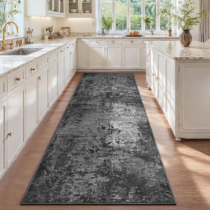 3x12 Black Rug Runners for Hallways Kitchen Runner Rug Non Slip Washable Black Long Runner Rugs with Rubber Backing Soft Abstract Carpet Runner for Bedroom, Kitchen, Bathroom, Entryway