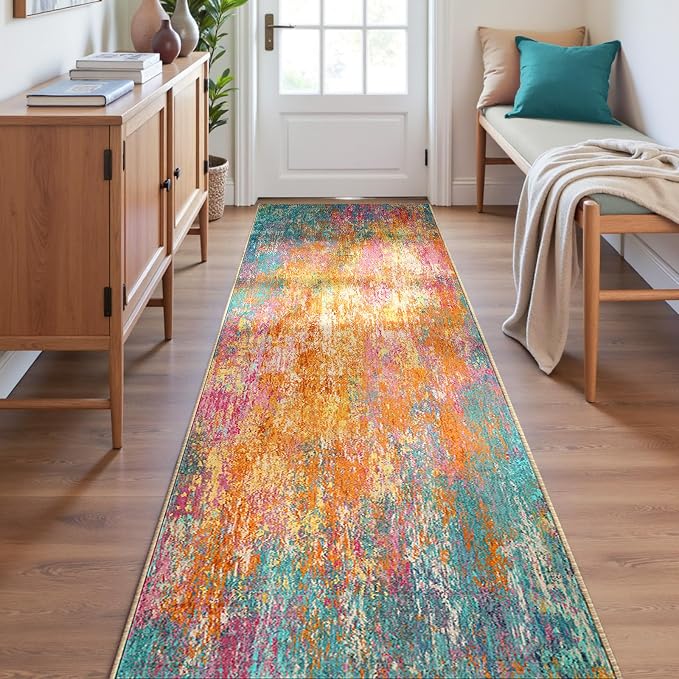 RELEANY Washable Area Rugs 2'x8' Non-Slip Modern Abstract Soft for Living Room Entryway Bedroom Kitchen, Print Pattern, Orange Blue Pink Yellow Colorful