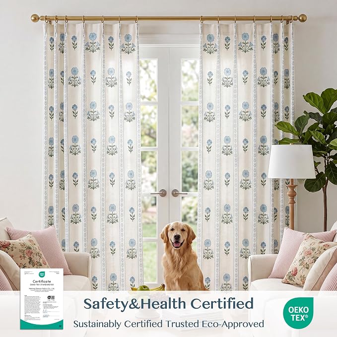 THREE GIRLS Pinch Pleated Light Filtering Linen Blend Floral Block Print Curtains for Living Room, Bedroom, Modern Farmhouse, Memory Trained, Hooks, 2 Panels Set, 40"x120", Blue
