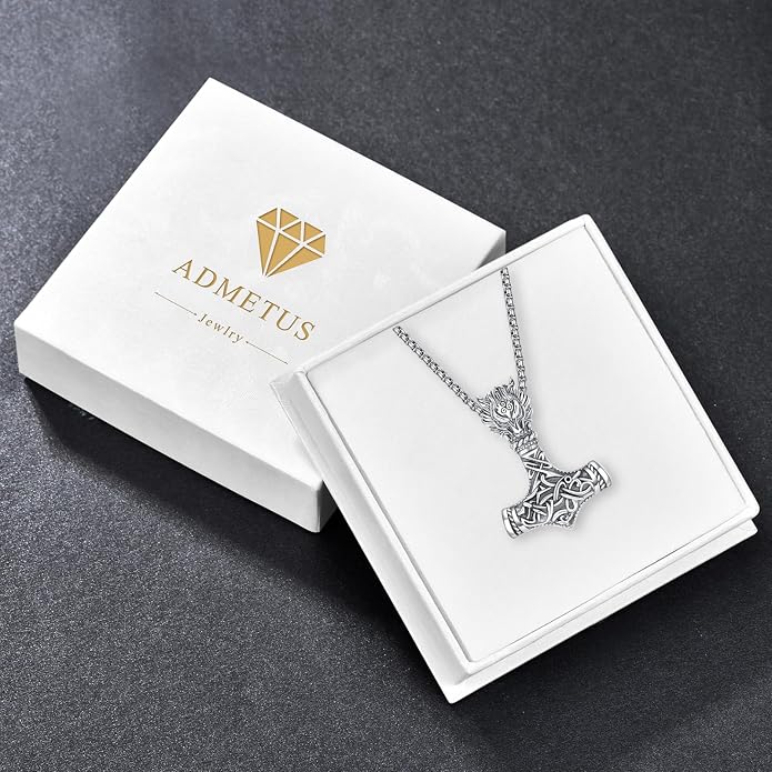 ADMETUS 925 Sterling Silver Thor Hammer Necklace Viking Mjolnir Pendant Jewelry Gifts for Men with 2.5mm 22"+2" Rolo Chain