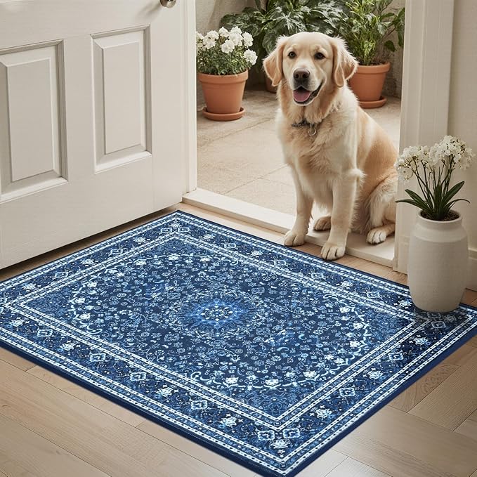 Lessymo 2 x 3 Entryway Rug - Machine Washable Area Rugs Boho Faux Wool Low Pile Area Rug for Bedroom, Floral Medallion Vintage Outdoor Rugs with Non-Slip Rubber,Blue White