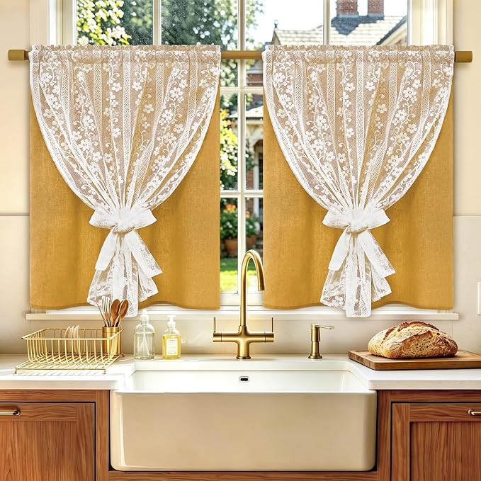 ASPMIZ Linen Kitchen Curtains Double Layer Kitchen Window Curtains Over Sink 36 Inch Mustard Yellow Tier Curtain Light Filtering Rod Pocket Cafe Curtain Short Window Treatments with 2 Tiebacks, 26x36