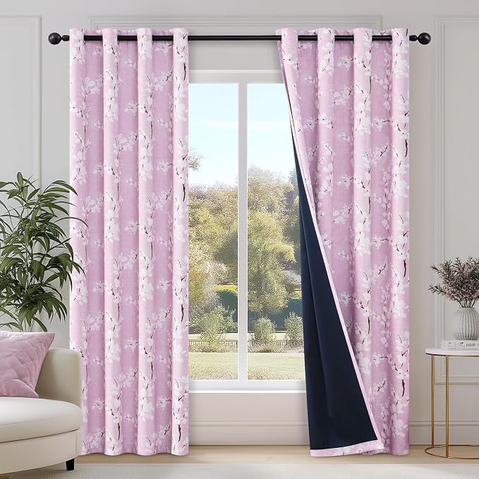 FMFUNCTEX 100% Blackout Pink Floral Curtains 63 Inch Long Grommet 2 Panels | Black Out Drapes, Thermal Insulated Cottage Farmhouse, Blossom Flower Patterned Curtain for Bedroom, Living Room Darkening