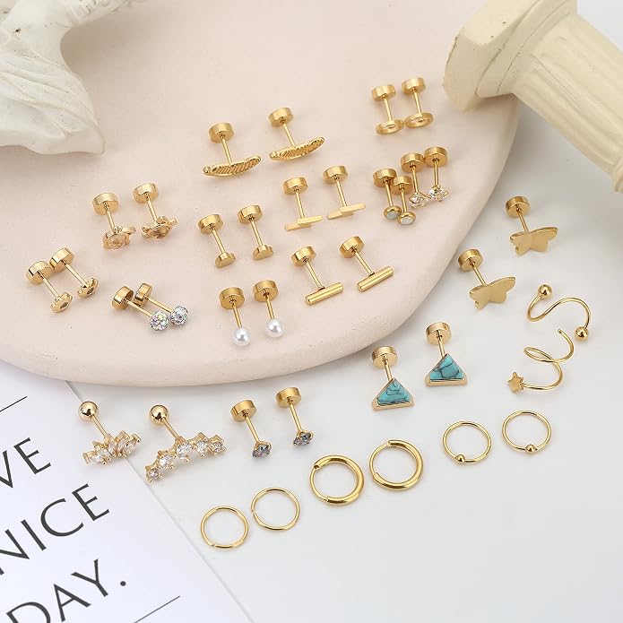 MJust 18 Pairs Women‘s Hypoallergenic Flat Back Stud Earrings, 20g Stainless Steel Earrings Sets for Men, Tiny Unisex Screw Back Cartilage Earrings.